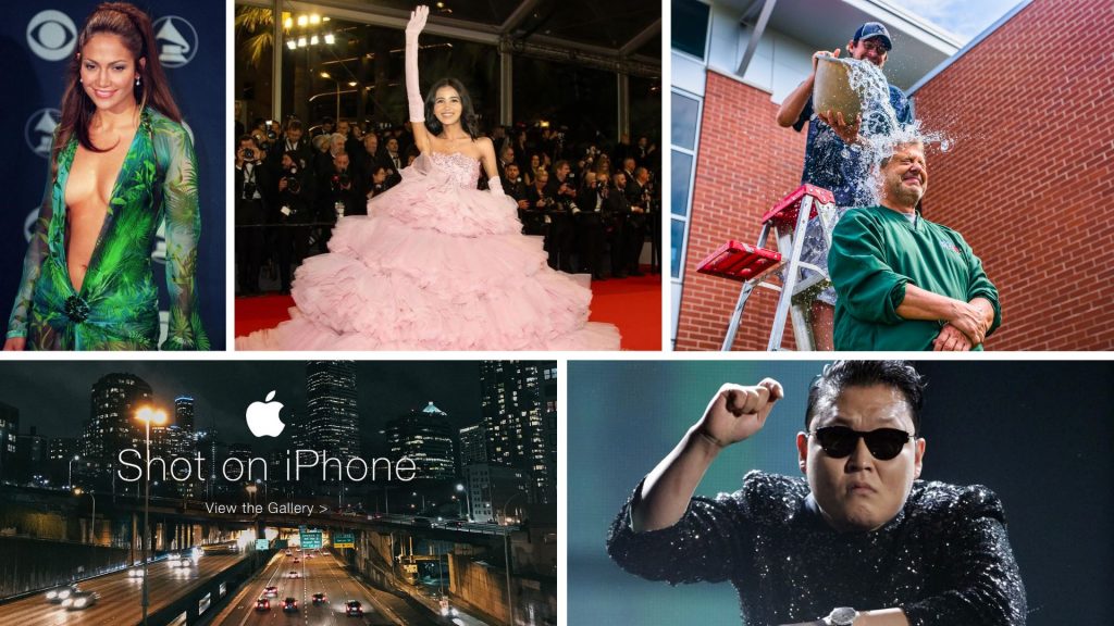 An image of Jennifer Lopez's iconic green dress, Nancy Tyagi's red carpet look at Cannes, the ice bucket challenge, a shot from iPhone's "Shot on iPhone" Campaign and Psy's Gangnam Style hook step.